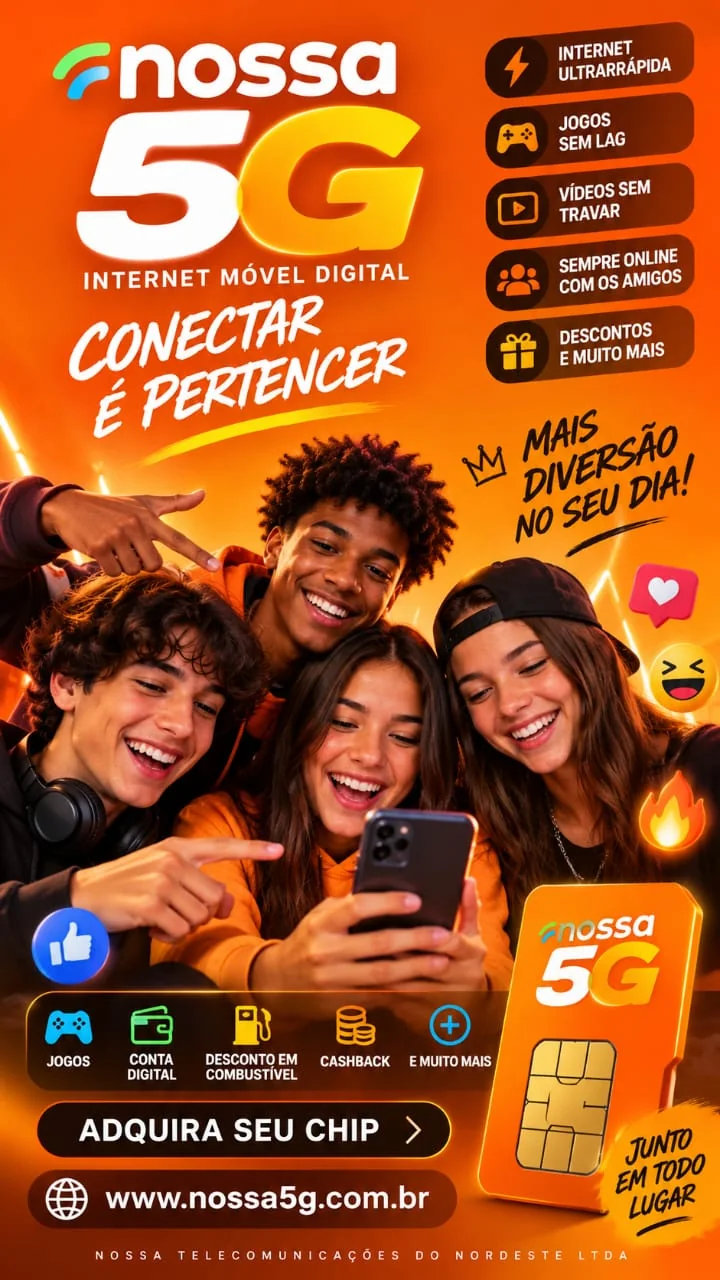 Campanha Nossa 5G com quatro jovens usando celular e destaque para benefícios digitais
